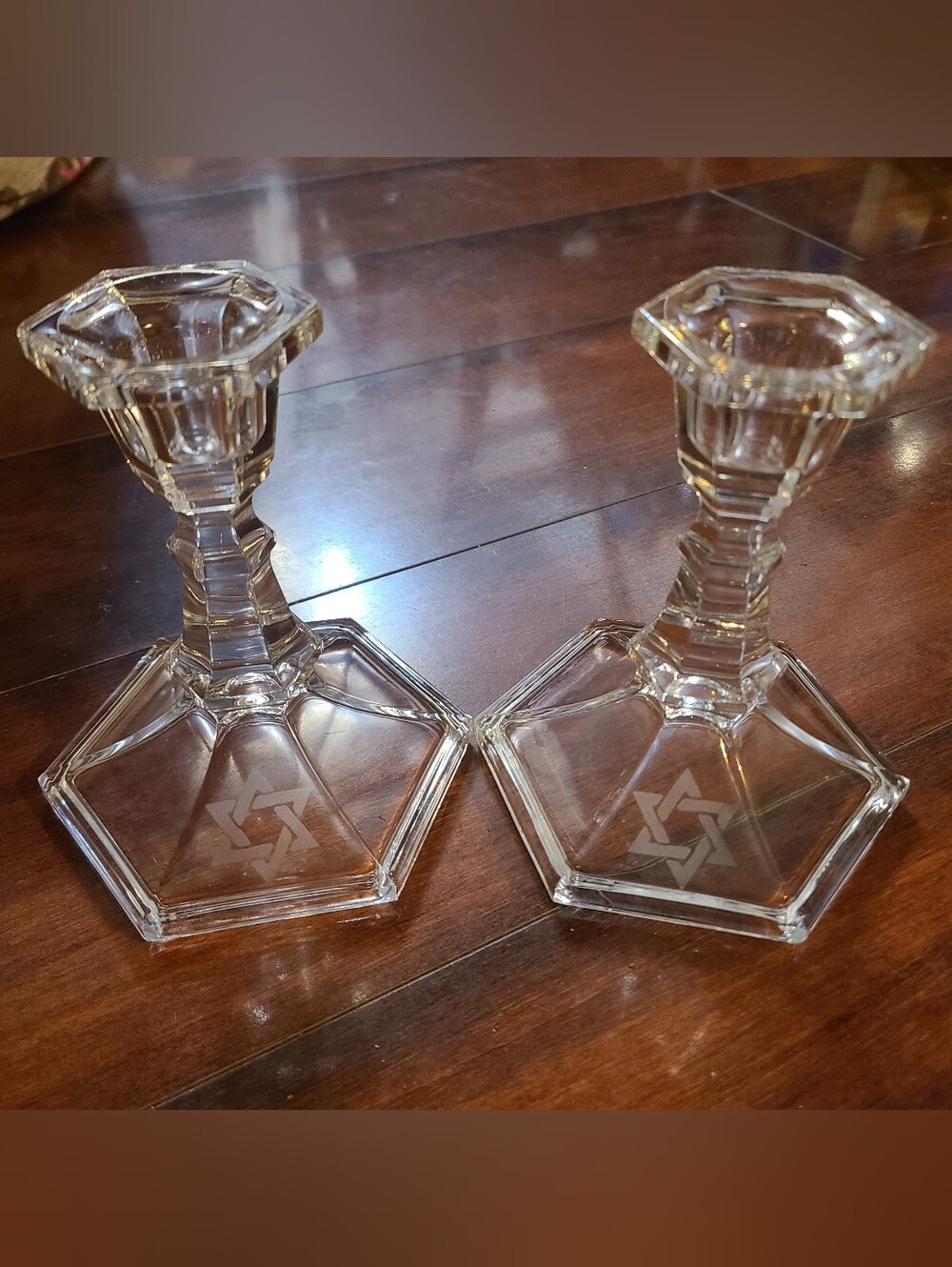 Avon Pair Clear Crystal Hexagon Candlesticks Etched Star of David 5 in